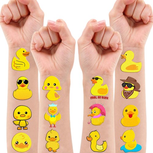 100 PCS Rubber Duck Temporary Tattoos Themed Birthday Party Decorations Supplies Favors Decor Cute Little Yellow Ducky Tattoo Stickers Gifts For Game Boys Girls Classroom School Prizes Carnival