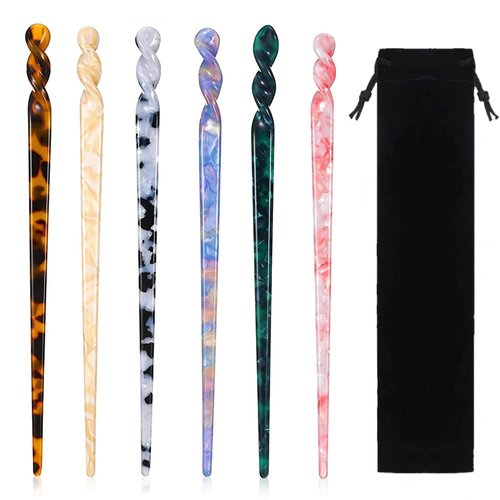 6 Pieces Acetate Hair Sticks Vintage Tortoiseshell Hair Chopsticks Vintage Leopard Print Hairpin Chopsticks for Buns Hair Clips Hair Sticks for Long Hair Accessories with Flannel Bag for Women Girls