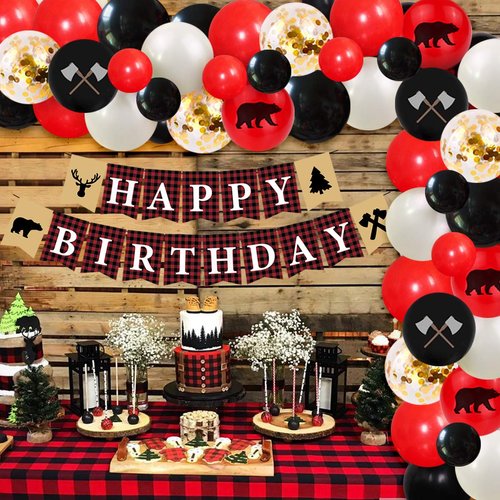 Kreatwow Lumberjack Birthday Party Decorations Balloon Garland Arch Kit Buffalo Plaid Birthday Party Banner Supplies Camping Bear Wild Birthday Decor for 1st 2nd 3rd Boys Girls