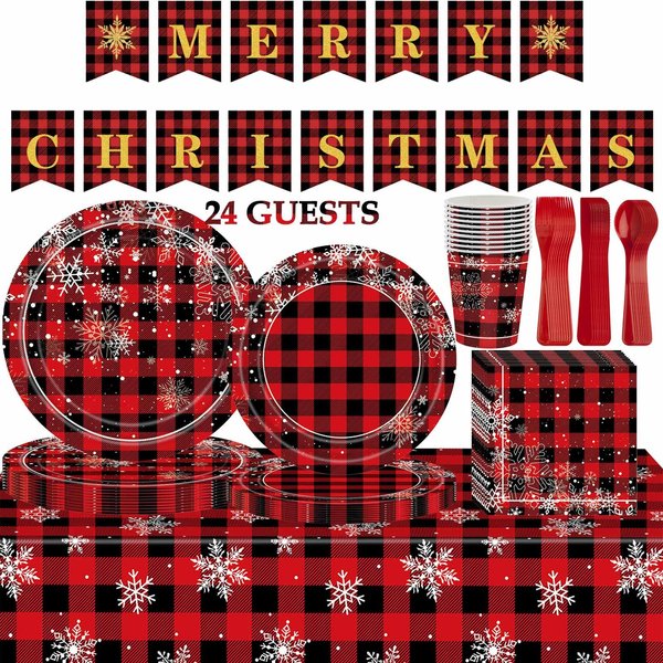 Christmas Plates Disposable Party Set, 170 Pcs Red Black Grid Banner Tablecloths Plates Paper Napkins Cups Plastic Knifes Forks Spoons for Christmas Dinner Christmas Party Decorations Supplies
