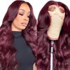 KinMos 99j Burgundy Lace Front Wigs Human Hair Wigs for Women Body Wave Glueless Lace Frontal Wigs Human Hair 180 Density 13x4 Lace Frontal Wig Pre Plucked with Baby Hair (22 inch, 99j)