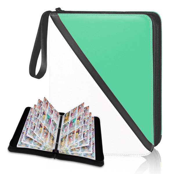 YoKiStar Trading Card Binder 9 Pocket, 900 Pockets Card Holder with 50 Removable Sleeves for Game Cards,Cards Holder 9-Pocket, Premium Card Book, Game Cards & Sports Cards (white & green, 9-Pocket)