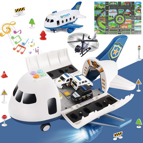 5 in 1 Airplane Toys with light and sound,Police car toys with Activity Mat, Christmas Birthday Gifts for Kids 3 4 5 6 Year Old Boys Girls