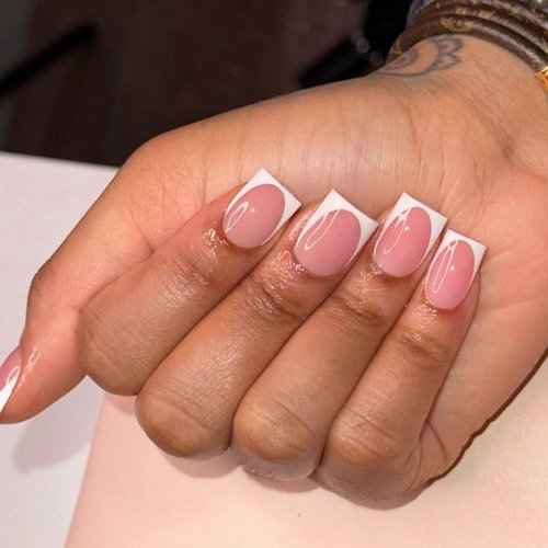 LRKNNO White French Tip Press on Nails Short Square Fake Nails Artificial Nails Tips Gel Acrylic Glue on Nails with Design 24Pcs Full Cover Stick ons Nails for Wedding Women Manicure False Nails