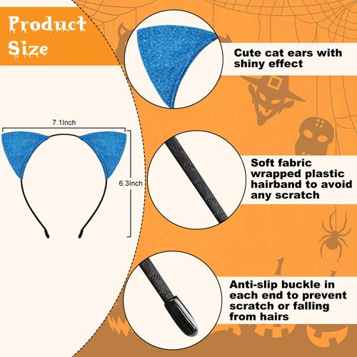 Cat Ears Headband for Women Girls - Cute Sparkle Glitter Hairband Halloween Cosplay Cat Costume Hair Accessories for Adult Kids Birthday Daily Wear Blue