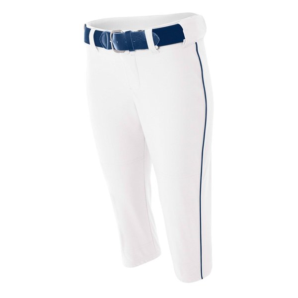 A4 Womens Softball Pant with Piping, Small, White/Navy