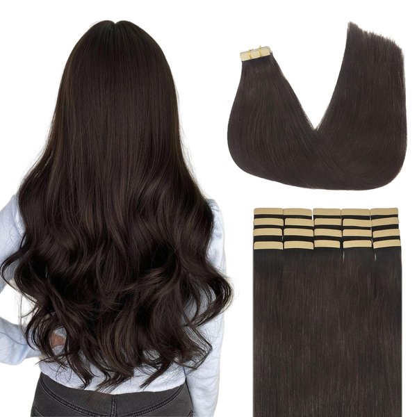 Lashey Tape in Hair Extensions Human Hair Straight Dark Brown Tape in Hair Extensions 14 Inch Natural Remy Human Hair 20pcs 50g/pack for Black Women