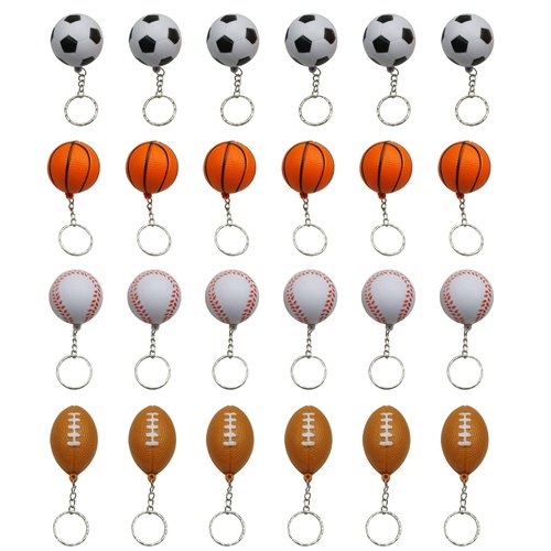 Mini Foam Squeeze Sports Ball with Keychain, 24 Counts Mixed Mini Soccer, Basketball, Football, Baseball, Kids Party Favors by MOMOONNON