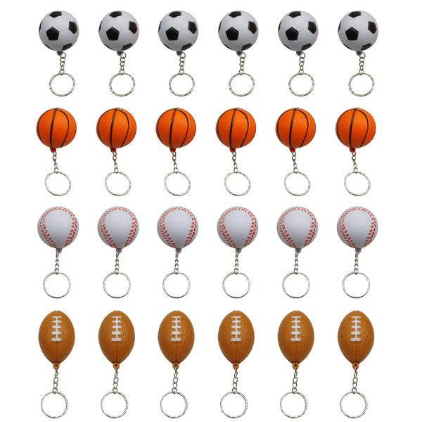 Mini Foam Squeeze Sports Ball with Keychain, 24 Counts Mixed Mini Soccer, Basketball, Football, Baseball, Kids Party Favors by MOMOONNON
