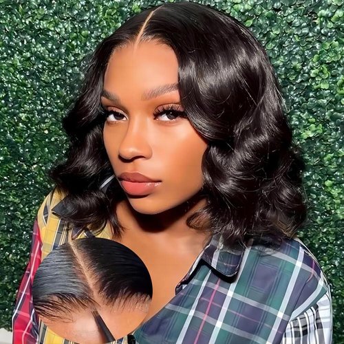 ISEE Wear and Go Glueless Wigs Human Hair Pre Plucked Pre Cut Short Bob Body Wave Lace Front Wigs Human Hair for Women Upgraded Glueless Bob Wig No Glue 6x4 HD Lace Closure Wigs (16 Inch)