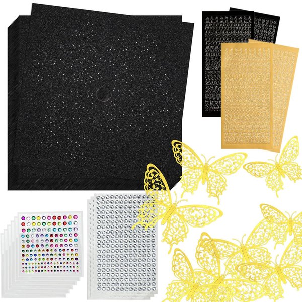 ReArt Graduation Grad Cap Decorations Construction Paper 12 Pcs with 50 Adhesive Dots, 4 Sheets Adhesive Glitter Alphabet Stickers, 2007 Pcs of Rhinestone Stickers & 36 Pcs 3D Butterfly (Black)