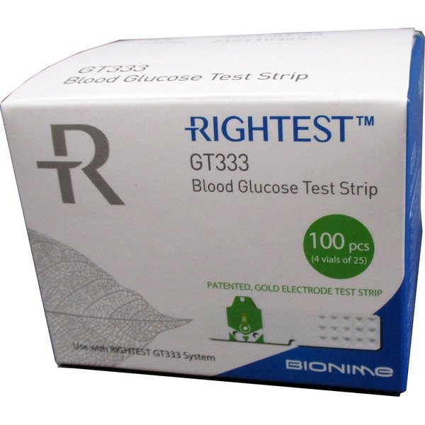 BIONIME RIGHTEST GT333 Blood Glucose Test Strips for use with RIGHTEST GT333 Meter - Blood Sugar Monitoring for Diabetics, Box of 100