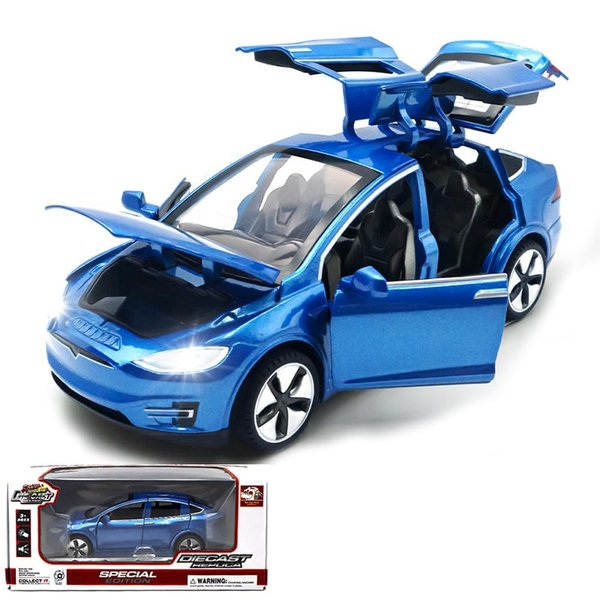 1:32 Model X Alloy Diecast Pull Back Toy Car with Open Doors, Lights and Music, Mini Vehicles Toys for Kids & Collectors (Blue)