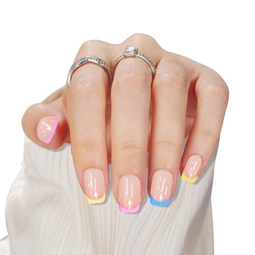 Frinail Press on Fake Nails, 24PCS French Tip Multicolor Cute Press on Nails Short Square Acrylic False Nails Press ons,10 Sizes Stick on Nails for Finger Gel Manicure