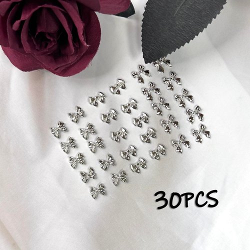 30Pcs Silver Bow Nail Charms Cute 3D Bow Alloy Nail Art Charms Kawaii Long Ribbon Bowknot Nail Designs Accessories Y2K Silver Big Bow Nail Decoration Supplies for Women Girls Nail Art