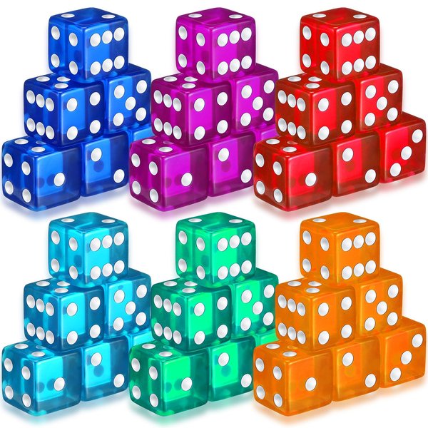 Seenelling 36 Piece 19 mm Casino Style Craps Dice Sets Acrylic and Translucent D6 Dice, Square W/Rounded Edge for Casino, Craps, Dice Table Games and Board Games(6 Colors)