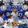 Blue Birthday Decorations for Men Women, Happy Birthday Decorations for Men Women Boys Disco Party Decoration Backdrop & Tablecloth Silver Disco Arch Kit Star Balloon Party Supplies Table Cover