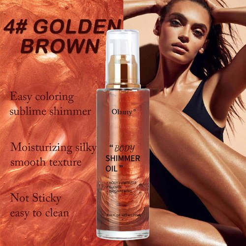 Shimmer Body Oil-Golden Brown Face Brighten Pearl Highlighter Liquid Illuminator Body Glow Oil,4 Color Bronze Makeup Glitter Body Shimmer Oil with Makeup Brush