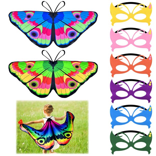 9 Pieces Kids Butterfly Costume Fairy Butterfly Wings Masquerade Masks Halloween Girls Dress Up Pretend Play (Rainbow Series)
