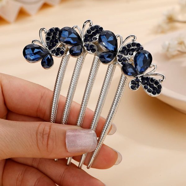 Missgrace Boho Party Blue Bride Wedding Prom Sparkling Butterfly Side Hair Comb Crystal Rhinestones Flower Hair Comb Clips Bridal Hair Accessories Hair Piece for Women (Blue)