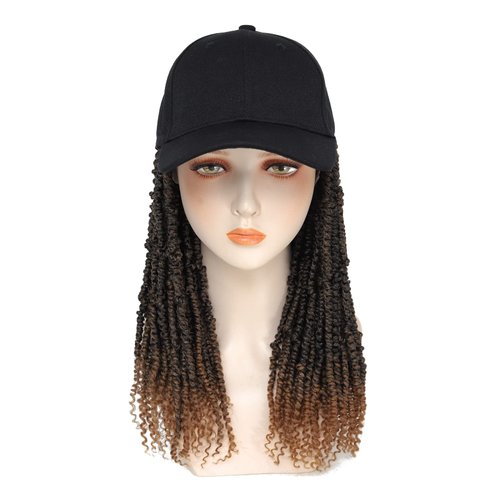 AliRobam Hat Wig Short Baseball Cap Wig with Pre-Twisted Ombre Brown Passion Twist Hair Extensions Synthetic Curly Ends Wig Hat Adjustable Black Baseball Hat Wig for Black Women(14inch, T27)