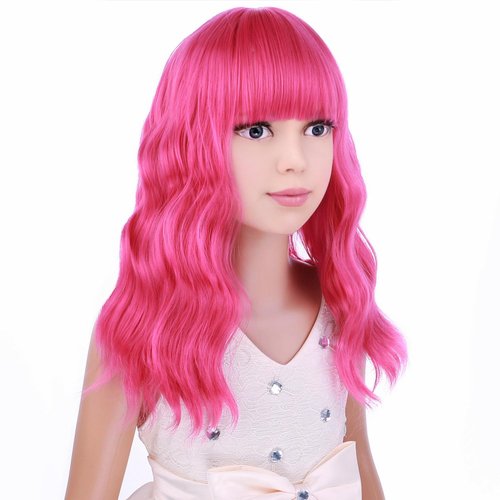 PATTNIUM Hot Pink Wig Kids Short Wavy Wig Hot Pink Wig with Bangs Girls Wig Cosplay Halloween Party Costume Wig (Hot Pink)