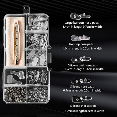 74 pcs Eyeglass Nose Pad Repair Kit, BOSOIRSOU 30 Pairs Air Chamber Soft Silicone Nose Pads, with 40 pcs Micro Screws, Screwdriver, Ear Grip, Tweezer, Cleaning Cloth