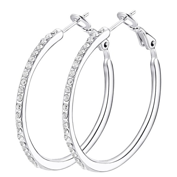 Silver Hoop Earrings, Rhinestone Cubic Zirconia Hoops Fashion Jewelry White Gold Plated Hoop Earrings for Women Gift
