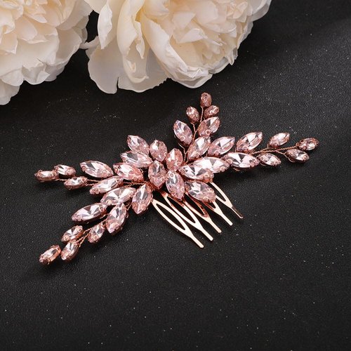Teyglen Women Pink Crystal Hair Comb Bride Wedding Rhinestone Hair Comb Bridal Hair Accessories for Bride Wedding Rhinestone Headpiece Crystal Hair Piece for Women Girls (Pink)