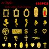 Gehaiwo 186PCS Gold Nail Charms for Acrylic Nails,Alloy Cross Rose Flower Heart Angel Frame Gun Nail Decoration,Nail Art Rhinestone Nail Jewels Accessories for Nail Art Supplies DIY Nail
