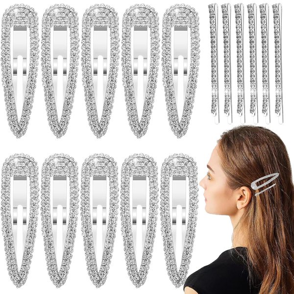 16Pcs Rhinestone Snap Hair Clips, Water Drop Crystal Snap Hair Barrettes, Glitter Shining Metal Snap Hair Clips, Glittering Hairpins Headwear Hair Accessories for Girls Women (Type B)