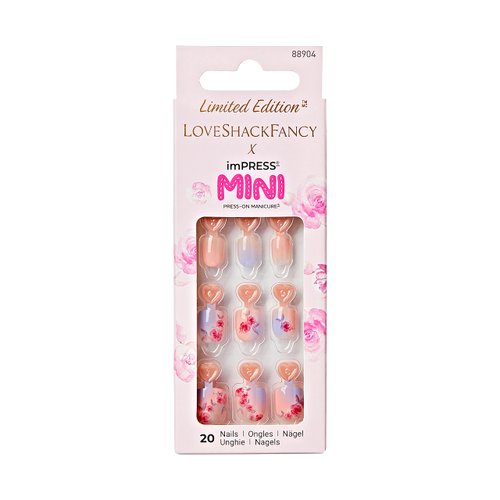 KISS LoveShackFancy x imPRESS Mini Press-On Manicure Limited Edition, Style "Sunkissed Peach" Kids Square Pink Press-On Nails, Includes Mini Nail File & 20 Kid Sized Fake Nails
