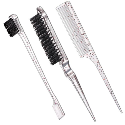 Geiserailie 3 Pcs Slick Back Hair Brush Set Bristle Hair Brush Edge Control Brush Teasing Comb for Women Baby Kids' Black Hair (Clear Red)