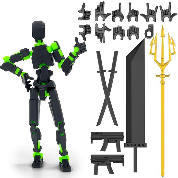 【Assembled】 T13 Action Figure Set, Giant Sword Titan 13 Robot Action Figure 3D Printed robo 13 Action Fidget Toys Figure Articulated, Dummy13, T13 for Collectors Desktop Decorations (Black-Green)