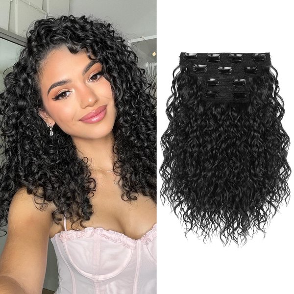 Hair Extensions, KUIRAN Clip in Hair Extensions 4PCS Black Hair Extension 12" Short Curly Hair Extensions Invisible Lace Weft Natural Soft Hairpieces for Women - Black