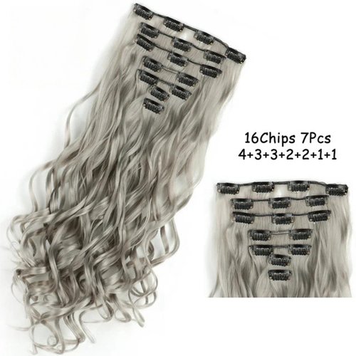 7 PCS Clip in Hair Extensions 22 Inch Long Wavy Hair Wigs Soft Curly Hair Piece for Women Curly Hair Extensions for Daily Party Cosplay Wig (grey)