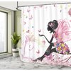 Ambesonne Fashion Shower Curtain, Fairy Girl with Wings in a Floral Fantasy Garden Theme Flying Butterflies Printed, Cloth Fabric Bathroom Decor for Playroom Set with Hooks, 69" W x 70" L, Pink White