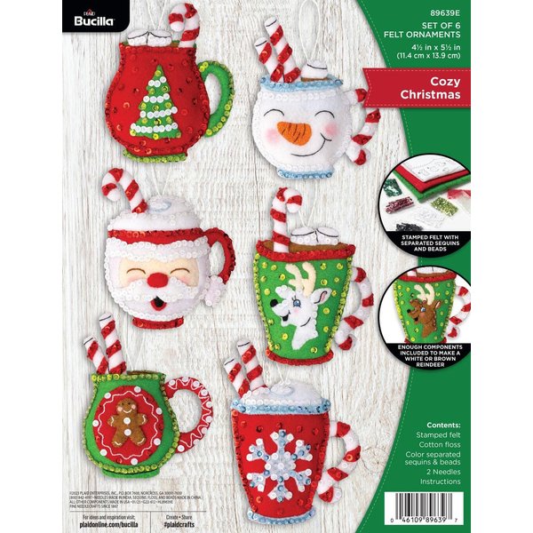 Bucilla, Cozy Christmas, Felt Applique 6 Piece Ornament Making Kit, Perfect for DIY Arts and Crafts, 89639E