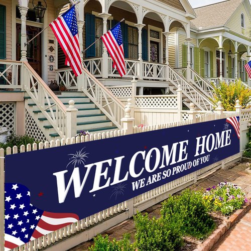 Welcome Home Banner White and Blue Homecoming Party Backdrop Welcome Home We are So Proud of You Banner for Returning Party Supplies and Military Army Homecoming Party Decor 71" x 15.7"
