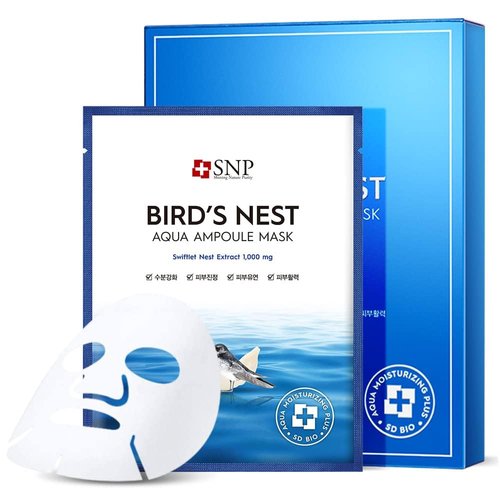 SNP - Bird's Nest Aqua Ampoule Moisturizing Korean Face Sheet Mask - Maximum Hydration & Protection for All Dry Skin Types using Hyaluronic Acid - 10 Sheets