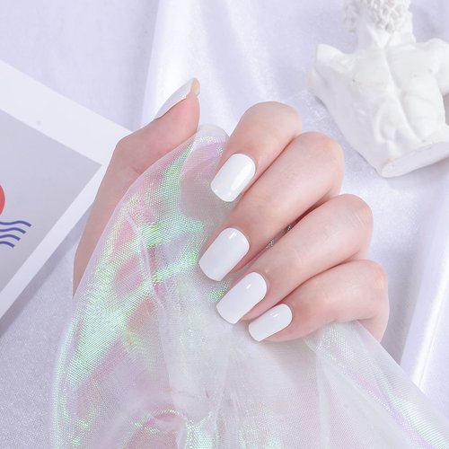 LIFOOST Gel Nail Polish Strips White Solid Color Free Nail Light/Lamp Gel Nail Stickers 20 Extra-Long Manicure Strips