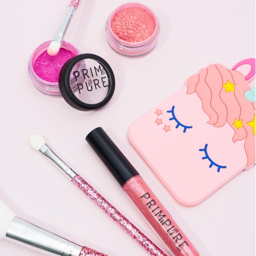Prim and Pure Mineral Gift Set with Unicorn Mirror| Perfect for Play Dates & Birthday Parties | Kids Eyeshadow Makeup – Mineral Blush | Organic & Natural Makeup Kit for Kids| Made in USA (Pink)