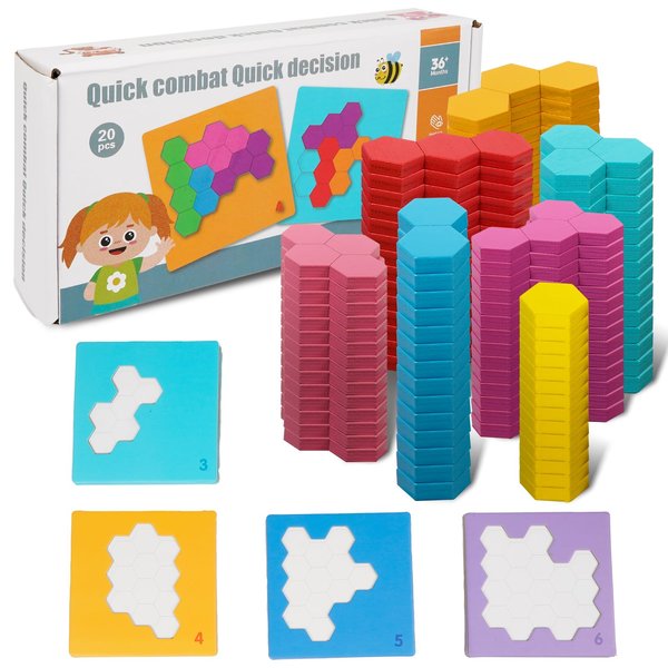 Viscogrip Wooden Blocks Puzzle Brain Teasers Toys, 20 Pack Wooden Puzzle Tangrams for Kids Ages 4-8, Shape Pattern Puzzle Games - Montessori Toys Educational Gifts for Boys and Girls 4 5 6 7 8 Years