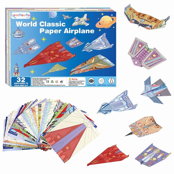 LEERYOUQU Kids Paper Airplane Kit, Creative Paper Airplane Book with 16 Classic Designs & 32 Planes Sheets, Origami Airplanes Kit for Kids Ages 8-12 +(New English Instructions)
