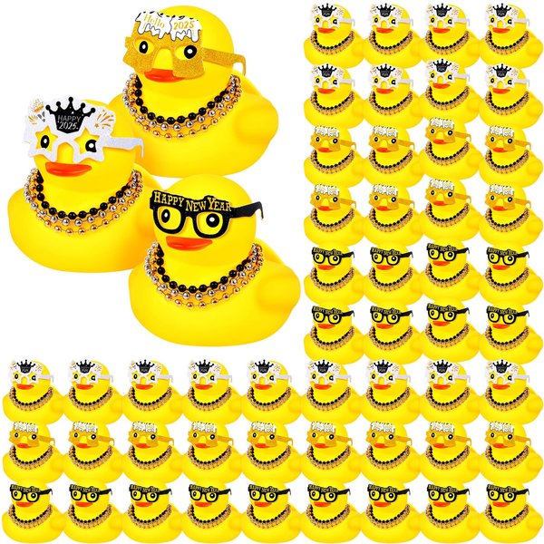 Glimin 60 Pcs Rubber Ducks Bulk New Year Small Cruise Ducks with Glasses Bead Necklace Mini Jeeping Duckies Holiday Bath Duck Hide for Christmas Party Decorations New Year Eve Carnival Party Supplies