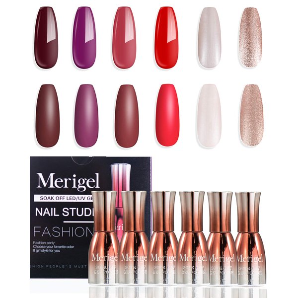 Gel Nail Polish Set 6 Pcs with Nice Box, MERIGEL Soak Off Nail Gel Summer Candy 4 Colors with Top & Base Coat Gel Varnish Gel Nail Polish Set (Red)