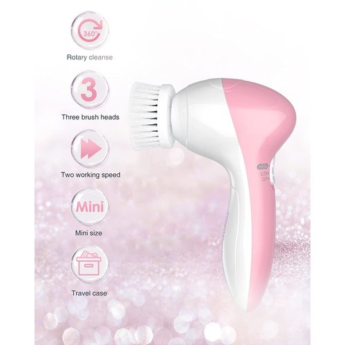 TOUCHBeauty Facial Cleansing Brush Set with Case & 3 Spin Brush Heads for Beginner/Teenagers, Battery Powered, Mini Travel Size Pink