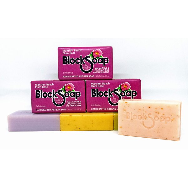BLOCKSOAP FOR MIND & BODY Plum Rose Artisan Bar Soap 3-Pack with Sea Salt, Olive Oil, Coconut Oil and Shea Butter (4.5oz)