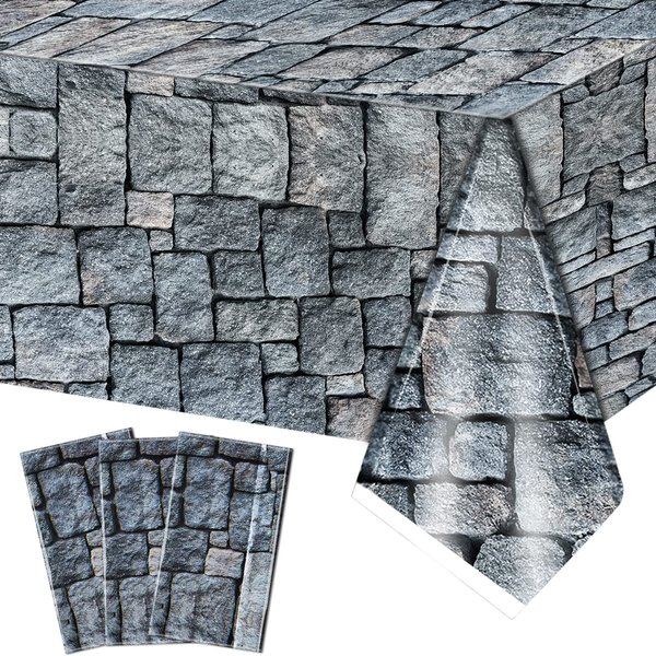 3 Packs Cobblestone Tablecloth Stone Printed Table Cover Medieval Table Decoration Plastic Tablecloth Stone Brick Tablecovers for Medieval Castle Knight Themed Party Supplies, 4.3 x 7.2 Feet
