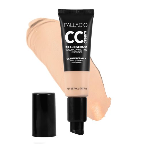 Palladio Full-Coverage Color Correction CC Cream, Oil-Free with Peptides & Vitamin C, Best for Correcting Redness and Uneven Skin Tone, Buildable Foundation Coverage (Fair 12W)